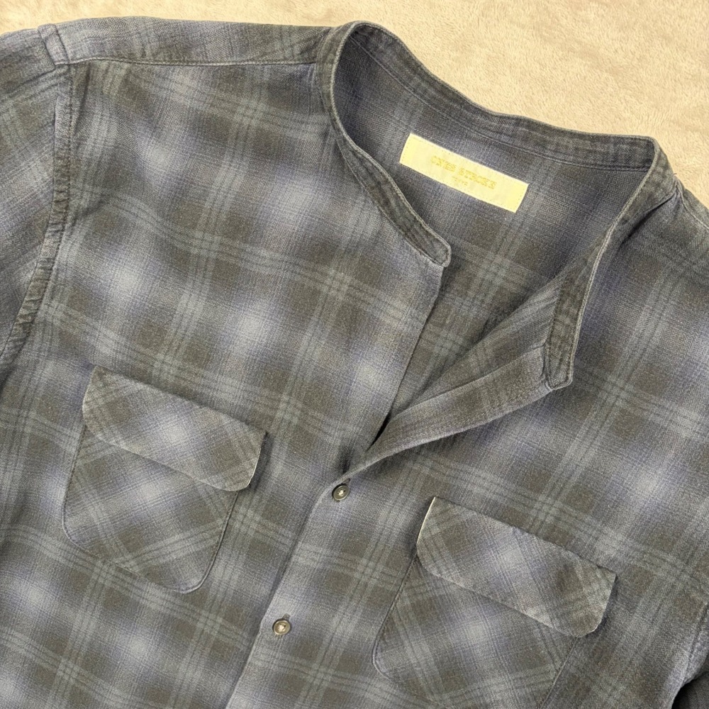 Ones Stroke Tokyo Mens Navy Shadow Plaid Band Collar Raw Hem Shirt Size 6 Japan
